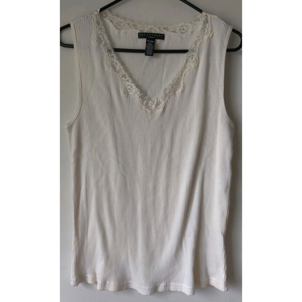 Apostrophe Women's Plus Ribbed Tank Lace Detail‎ V-Neck Off White Size 16-18W